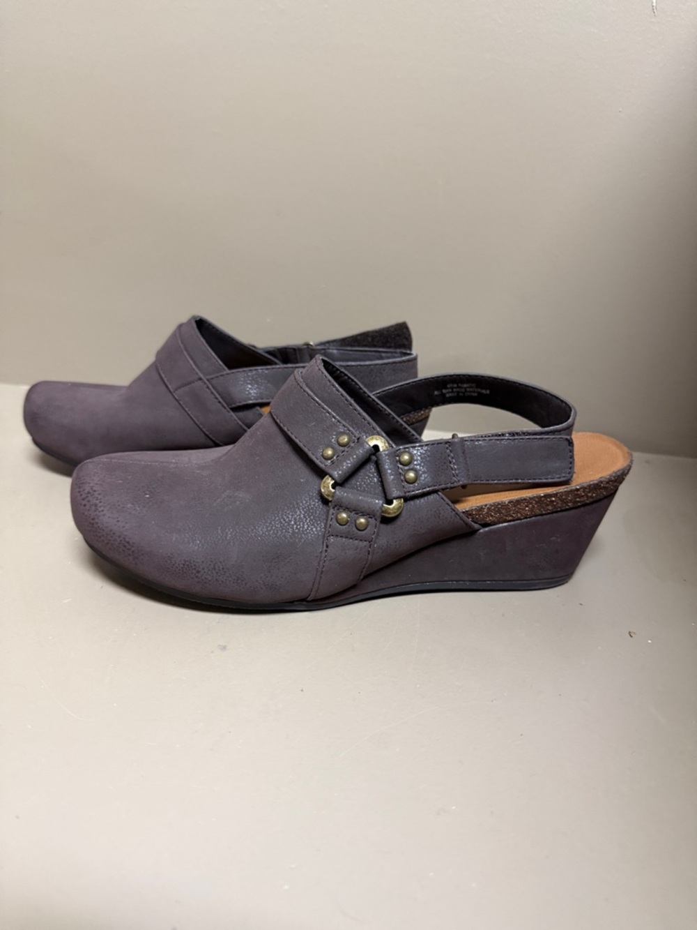 Axxiom ‘Fanatic’ Brown Slingback Wedge Clogs, Rivet Buckle Detail, Cork Footbed